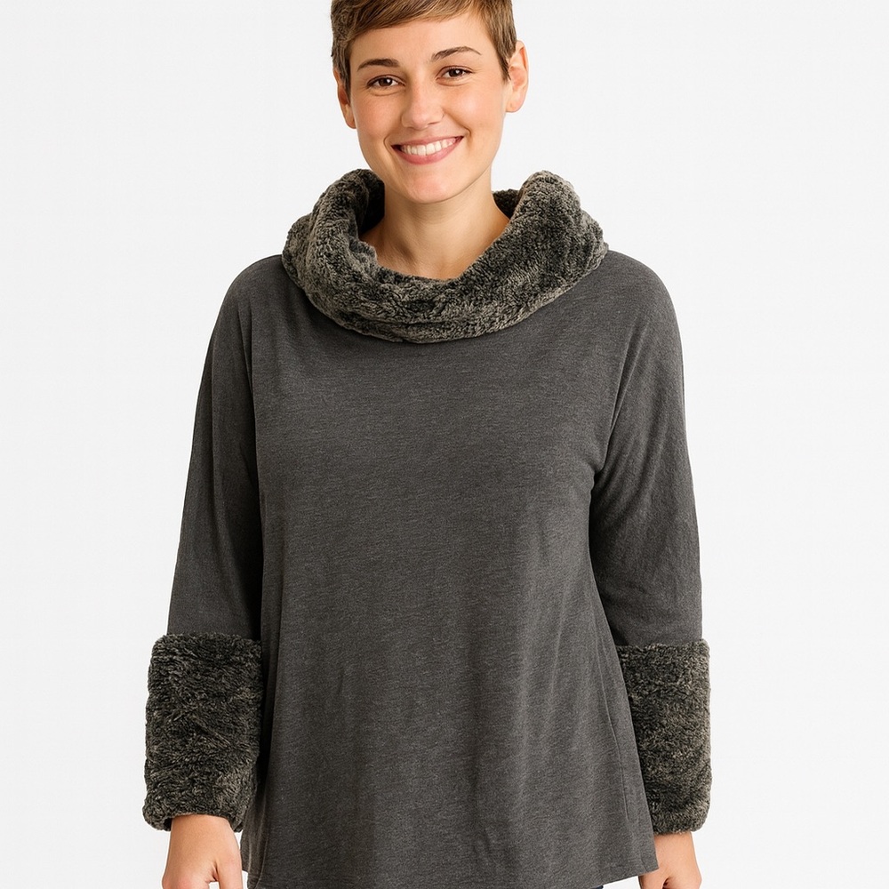 Philosophy Heather Graphite Luxe Sweater Faux Fur Cowl Neck Women's Size L P